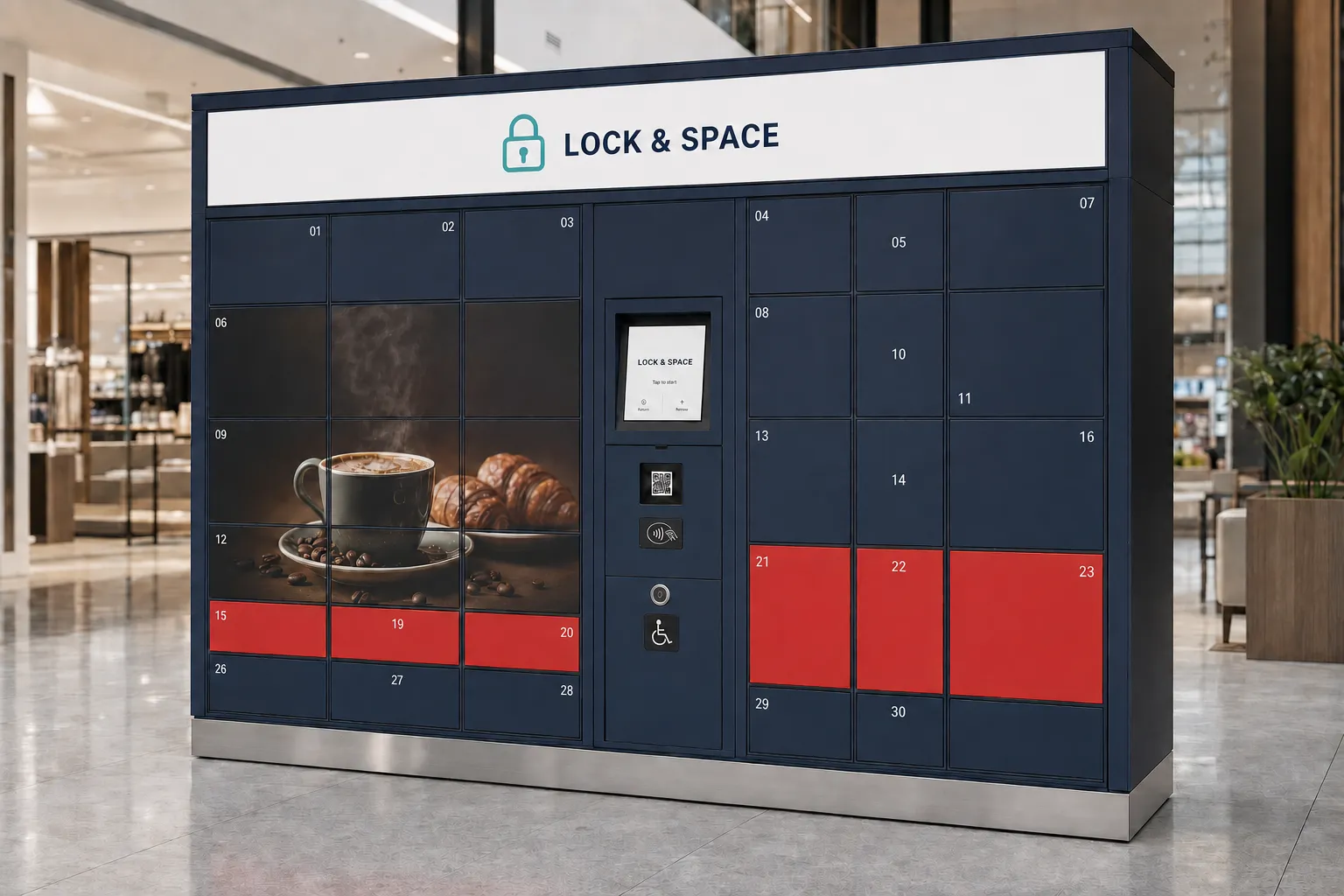 Smart locker installation illustrating a self-service location