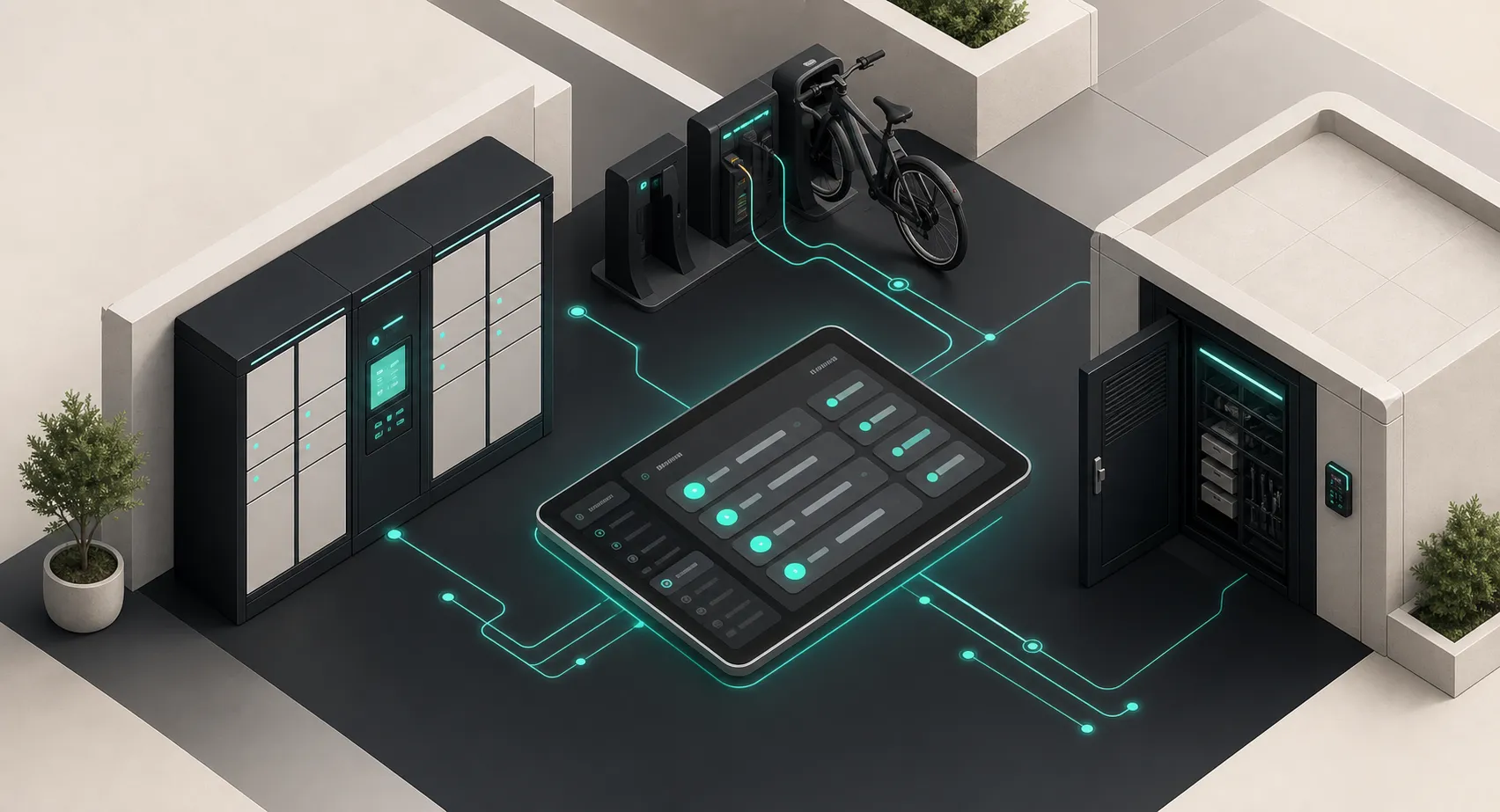 Illustration of one digital platform connecting smart lockers, e-bike access and secure equipment
